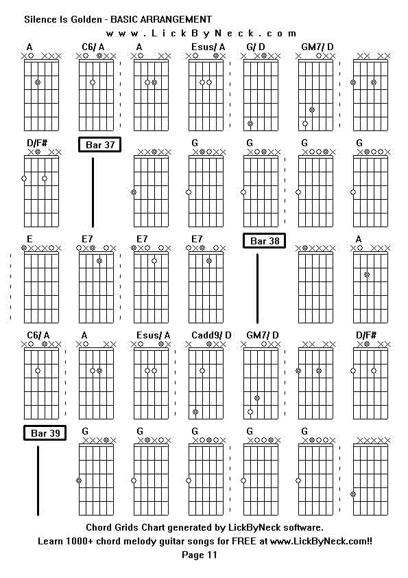 Chord Grids Chart of chord melody fingerstyle guitar song-Silence Is Golden - BASIC ARRANGEMENT,generated by LickByNeck software.